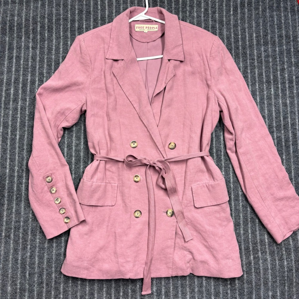 Free People Linen Blend‎ Blazer M Pink Excellent Belted Double Breasted (2193)